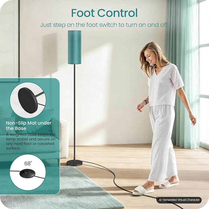 Slim Floor Lamp for Living Room with Magnetic Remote and Foot Switch, Dimmable Mood Lamp for Bedroom Nursery, 3 Color Temperatures, 1-Hour Timer, 900LM LED Bulb & Batteries Included, Teal J06LD05W1