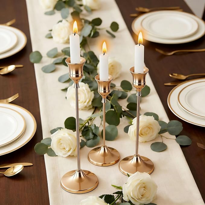 2 Sets Candle Holder Brass Metal Candlestick Holders -Vintage Modern Metal Taper Candle Holders, Decorative Centerpiece for Table Mantel, Wedding Kitchen Home Decor, Wedding Gift,6Pcs