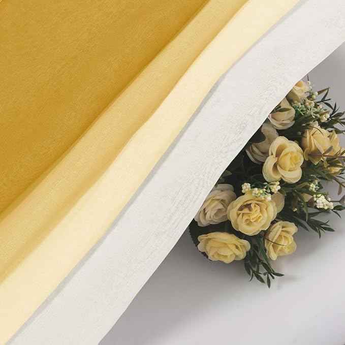 DWCN Ombre Short Sheer Curtains - Faux Linen Semi Voile Gradient Light-Filtering Bedroom and Living Room Curtains, Set of 2 Grommet Top Window Drape Panels, 52 x 54 Inch Length, Mustard Yellow
