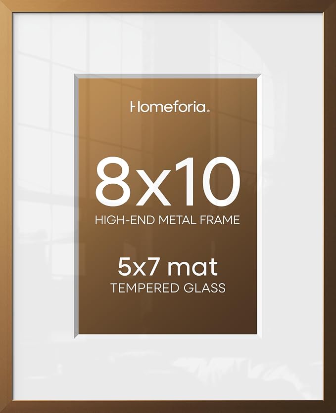 Homeforia 8x10 Bronze Picture Frame, High-End Metal, 5x7 Mat, Glass
