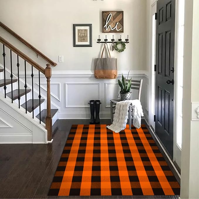 SEEKSEE Buffalo Plaid Rug 4' x 6' Orange and Black Large Front Door Mat, Layering Area Rug, Halloween Rug for Outdoor Patio Entryway Indoor Living Room Kitchen Dining Room Decor
