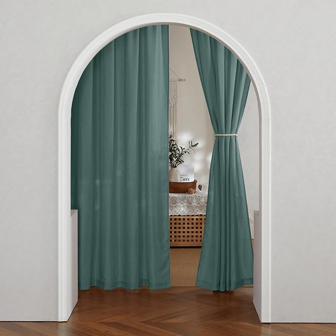 RYB HOME Linen Sheer Curtains 2 Panels for Living Room, Semi Transparent Privacy Drapes with Rod Pocket Farmhouse Style Window Treatments for Bedroom, Teal Blue, 52" W x 84" L