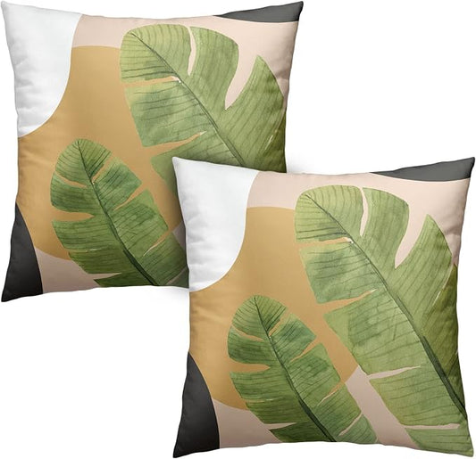 2 Pack Summer Tropical Green Leaves Cushion Covers Banana Palm Tree Pillowcases 22x22 Brown and White Throw Pillow Cover Home Room Decor for Couch Bed