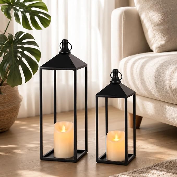 Lanterns Decorative Outdoor Indoor, 17" 13" Set of 2 Black Candle Lanterns | No Glass Metal Outdoor Lantern for Porch, Patio, Mantel, Fireplace, Home Decor, Modern Farmhouse Lantern Decor