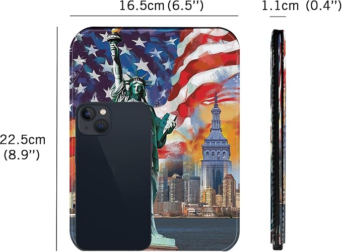 Portable Folding Makeup Mirror with Stand, 8.9"x6.5" PU Leather Compact Desk Mirror, Adjustable 90°-180° Angle, Ultrathin Travel Vanity Mirror for Office, Home, Camping, Statue of Liberty Design