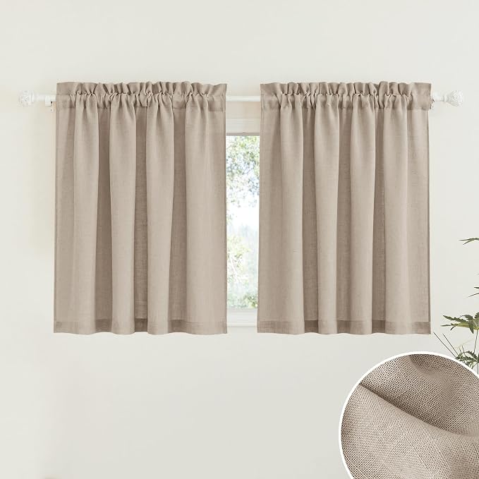 RYB HOME Natural Linen Blend Sheer Curtains for Kitchen, Semi Sheer Light Filtering Privacy Protected Rod Pocket Curtain Panels for Small Window, 52 x 45 inch, Khaki, 2 Panels Set