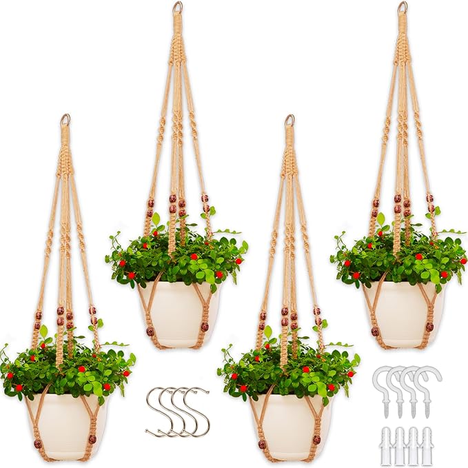 4 Pack Macrame Plant Hangers Indoor Set Large Crochet Hanging Holder, Brown