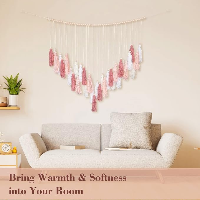 Luxbrand Large Macrame Wall Haning Boho Home Decor, Blush Pink Tassel Wall Decor Bohemian, Bedroom Living Room Girls Room Nursery Dorm Room Decoration Christmas Gift
