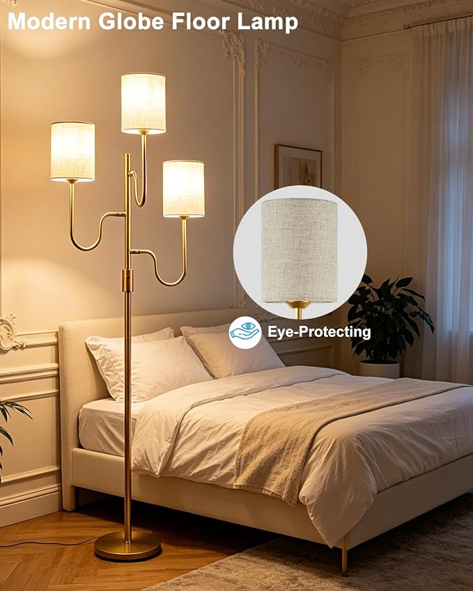 Lightdot 63IN Gold Floor Lamp Dimmable 3-Lights LED Floor Lamps with Cylinder Fabric Shade& Warm White Bulb for Wedding/Party 3-Arm Standing Tall Lamp for Living Room/Bedroom/Sofa Beside/Corner Decor