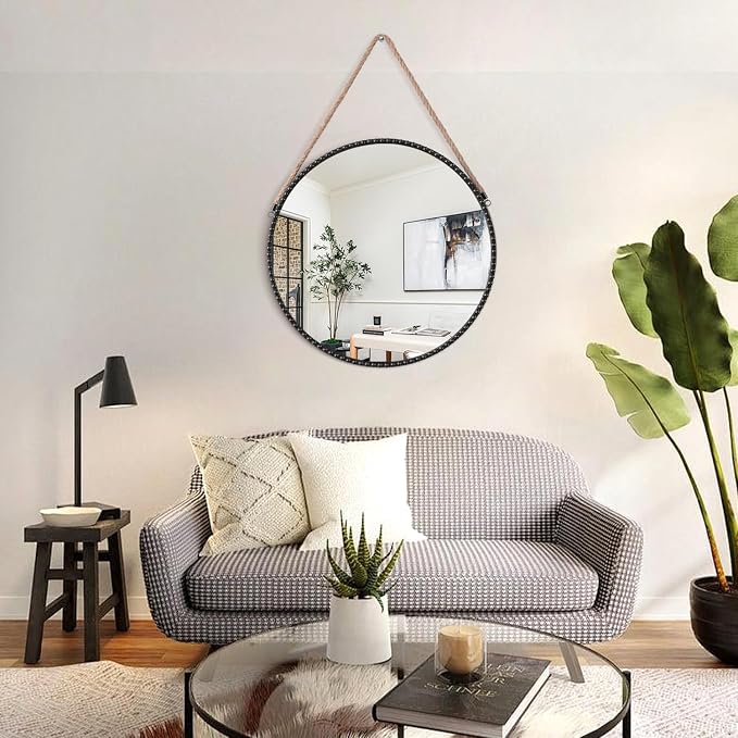 Round Hanging Mirror Metal Frame Rope Hanging Mirrors Artistic Circle Black Bead for Bedroom Bathroom Vanity Entryway Farmhouse Wall Decor Black 18"