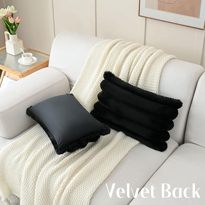 HAUSSY 2 Pack Lumbar Pillow Covers 12x20 Inch, Faux Fur Decorative Couch Throw Pillows Soft Striped Plush Cushion Covers Home Decor Cute Furry Pillowcase for Living Room Sofa Bed,Black (Covers Only)