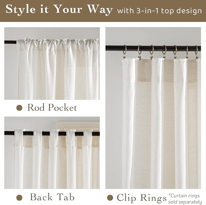 RYB HOME Sheer Curtains 108 inches, Extra Long Floor to Ceiling Curtains | Light Filtering Privacy, Faux Linen Fabric, Living Room Bedroom Sliding Glass Door, Back Tab, W52 x L108, 2 Panels, Ivory