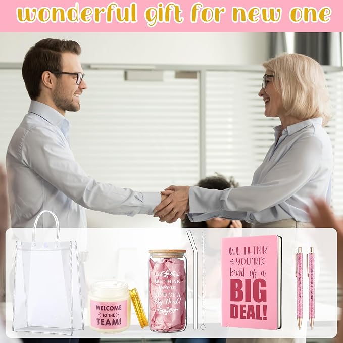 Thenshop 6 Pcs Welcome to the Team Gifts Bulk for New Employee Inspirational Glass Tumbler Notebook Pens Scented Candle with PVC Bag Employee Appreciation Gift Set for New Coworker Office (Pink)