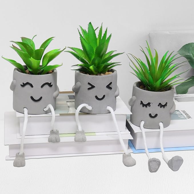 3pcs Artificial Succulents with Gray Flower Pots