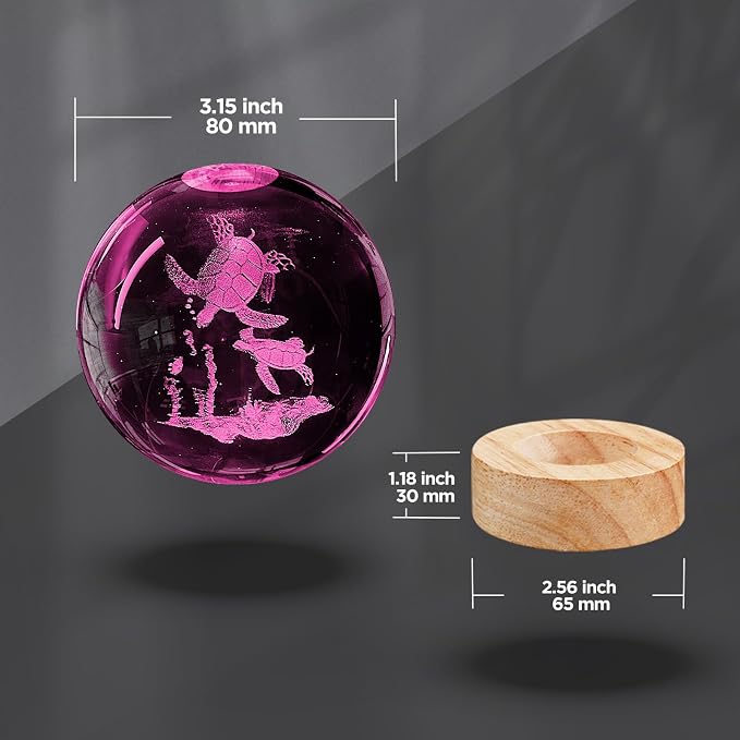 3D Crystal Ball Night Light - 3.15 inch Glass Ball with 16 Color Changing Wooden Base and Remote Control - Turtle Figurines Gift for Friends, Kids, Christmas, Birthday, Decor