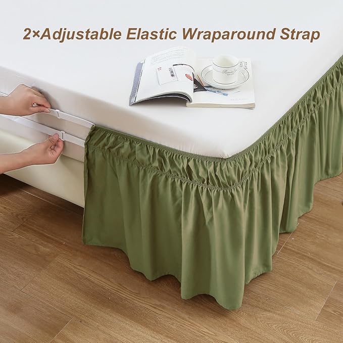 MEILA Wrap Around Elastic Bed Skirt for Queen & King Beds, 16" Drop, Sage | Three-Side Adjustable Elastic Dust Ruffle, Ruffled Polyester Fabric, Easy to Install, Fade Resistant & Machine Washable
