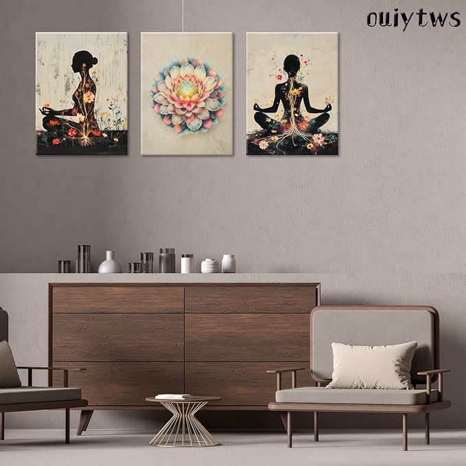 Framed yoga Zen Lotus Canvas Wall Art Set of 3, Meditation Decor 16x24in | Zen meditation wall art with lotus painting prints, floral poster design and Ready to Hang decor for bedroom,yoga room&office