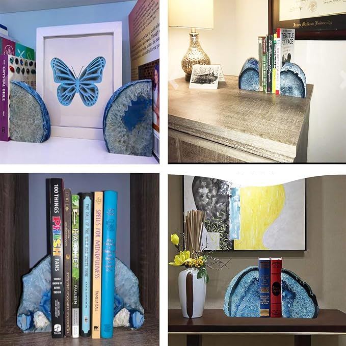 JIC Gem Blue Agate Geode Bookends Heavy Duty Hippo bookends 1 Pair 3-4Lbs | Decorative Gemstone Stoppers with Non-Skid Rubber Bumpers for Shelves Home&Office Tabletop Decor Unique Crystal Supports Gift