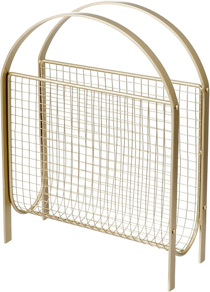 MyGift Mid Century Brass Tone Metal Mesh Magazine Rack Storage Basket | Freestanding Tabletop Organizer, Keeps Reading Materials Accessible, Open Wire Construction, Space Saving, Living Room Décor
