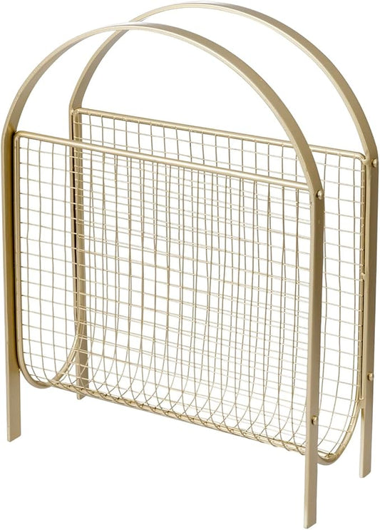 MyGift Mid Century Brass Tone Metal Mesh Magazine Rack Storage Basket | Freestanding Tabletop Organizer, Keeps Reading Materials Accessible, Open Wire Construction, Space Saving, Living Room Décor