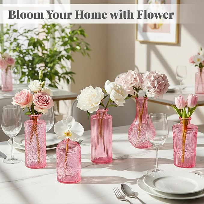 BEAHOT 24 Pack Pink Bud Vases in Bulk,Mini Glass Vintage Vases for Centerpieces,Wedding Decor, Small Flower Vases for Party & Home Decaration,Mother's Day (Pink)