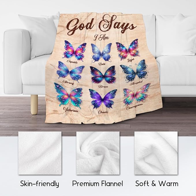 Butterfly Blanket Gifts for Women, Girls & Kids - God Says I Am Soft Fleece Fuzzy Throw for Living Room Bed - Inspirational Gift for Her & Daughter, 60"x80"