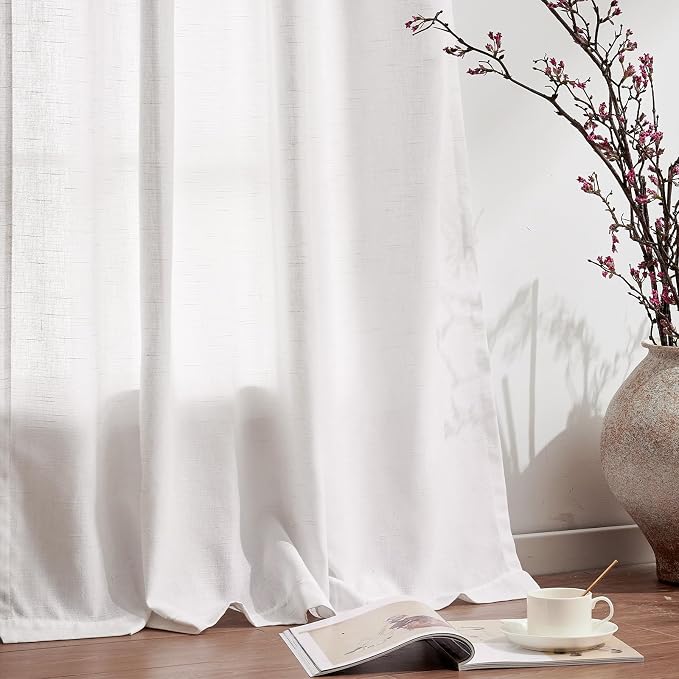 jinchan Linen Curtains Light Filtering Back Tab 50x108 Inch 4 Panels White | Semi Sheer Curtains 108 inch length for Bedroom Living Room, Modern Farmhouse Drapes with Rod Pocket, Natural Boho Curtains