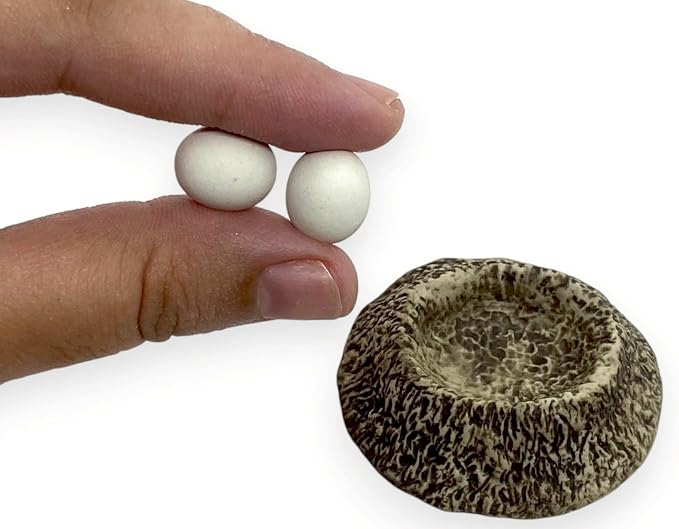 WitnyStore Tiny 1⅞" Ostrich Eggs in Nest African Flightless Bird Figurine - Miniature Hand Made Ceramic Birds Porcelain Animals Cute Decorative Figures Collectible Figurines for Terrarium Décor Gifts
