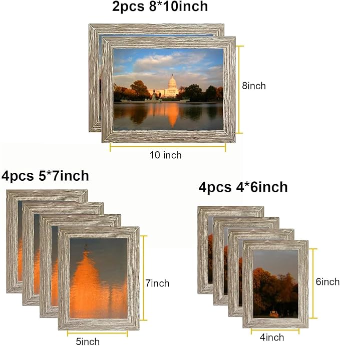 xnlkros Picture Frame Set 10 pack, Farmhouse Photo Frames, Gallery Wall Frame Collage, 8x10 5x7 4x6 Frames in 3 Different Finishes Picture Frames For Wall or Desk,Gray