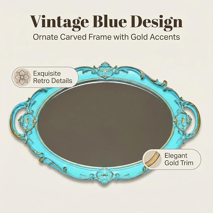 Oval Vintage Decorative Mirror Tray, Jewelry Dresser Organizer Tray, Cosmetics Makeup Storage Organizer, Serving Tray (9.8”x 14.6”) Blue