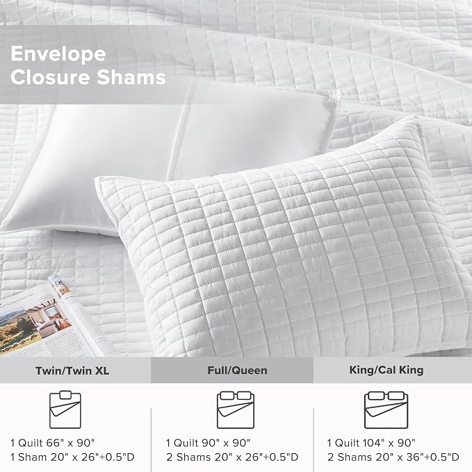 Comfort Spaces Kienna Queen Quilt Bedding Set 3 Piece, 90"x90" White | Soft Cozy Lightweight Summer Coverlet Full Size, Quilted Bedspreads Extra Layer, Modern Casual Bedroom Decor, OEKO-TEX