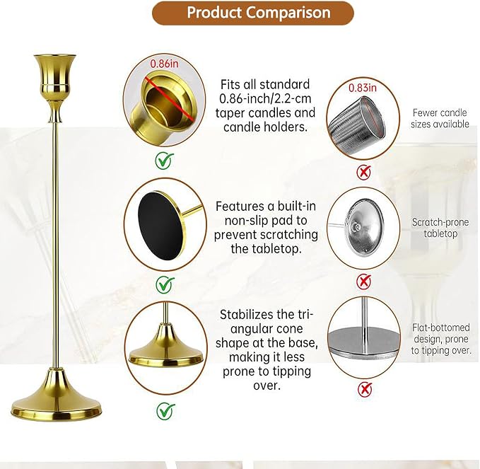 10 Sets Candle Holder Brass Gold Candlestick Holders -Vintage Modern Metal Taper Candle Holders, Decorative Centerpiece for Table Mantel, Wedding Kitchen Home Decor, Wedding Gift,30Pcs