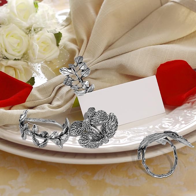 Cunhill 8 Pieces Herb Napkin Rings Set Vintage Leaf Napkin Holders Rings Glossy Holder Adornment Metal Table for Graduation Holidays Wedding Graduation Party Decor Everyday Use(Silver)