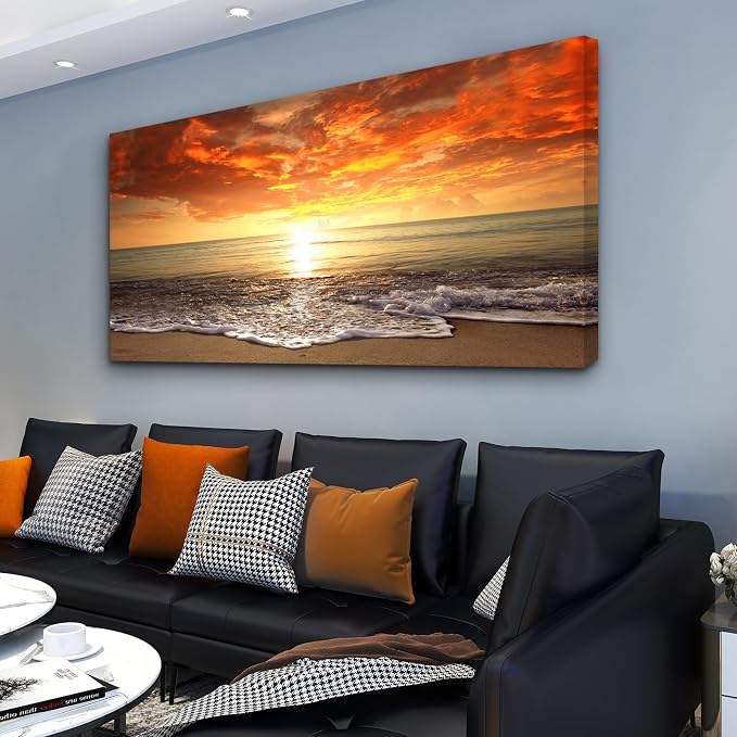 Baisuart-S0150 Canvas Prints Wall Art Sunset Ocean Beach Pictures Photo Paintings for Living Room Bedroom Home Decorations Modern Stretched and Framed Seascape Waves Landscape Giclee Artwork
