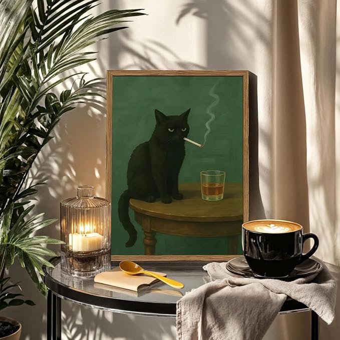 Moody Black Cat Wall Art, Funny Smoking Cat with Whiskey Wall Decor Painting Dark Humor Animal Bar Cart Poster Canvas Prints for Living Room Bedroom 16x24 inch Wood Framed