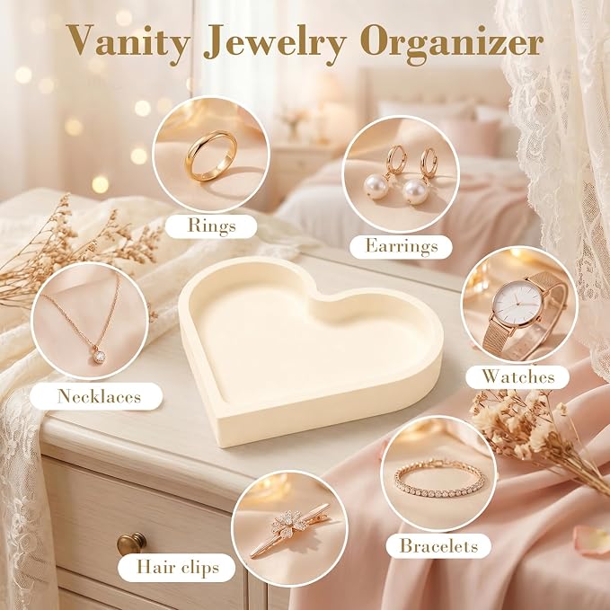 2 Pack Heart Shape Silicone Jewelry Tray, Soft Shatterproof Ring Dish, Small Trinket Tray for Necklace Earrings Keys, Cute Vanity Organizer, Home Decor Gift for Mom Sister Daughter Girlfriend, Beige