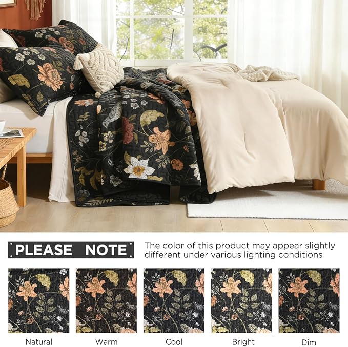 Litanika Floral Black Quilt California King - 3Pcs Summer Boho Bed Set | Bedspread Botanical Birds Lightweight Soft Coverlet with Red Flower for All Seasons (112"x104")