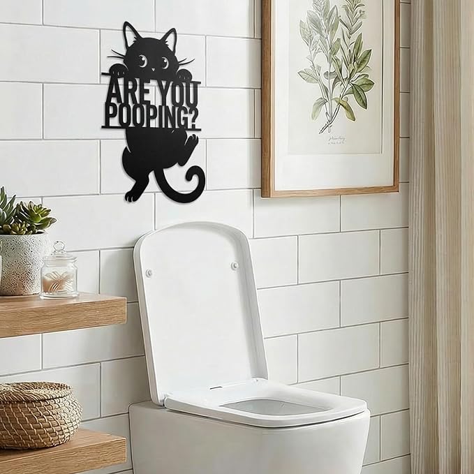 Black Cat “Are You Pooping” Bathroom Signs Wall Art,15x11 Inch Funny Metal Cat Restroom Sign Animal Bathroom Wall Art for Toilet, Cat Lover Gifts for Women Home Decor