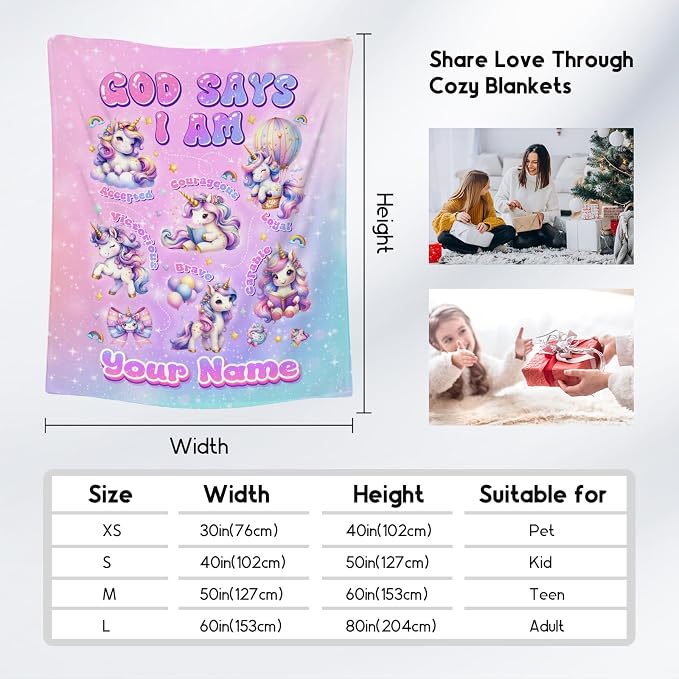 Personalized Unicorn Fleece Blanket for Girls, Women & Kids - God Says I Am Inspirational Gift for Her & Daughter - Soft Plush for Sofa Bed, 50"x60"