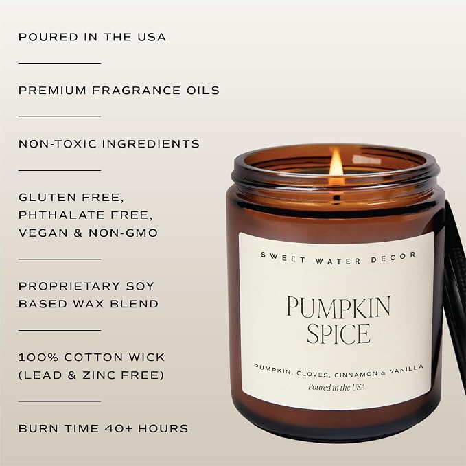 Sweet Water Decor Pumpkin Spice Candle, 9oz Amber Glass Jar, Fall