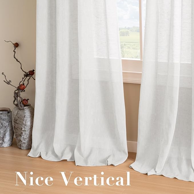H.VERSAILTEX White Linen Curtains Flax Linen Blended Curtain Panels for Living Room/Bedroom Semi Sheer Privacy Curtains 108 inch Length 2 Panels Set Nickel Grommet Window Drapes, White