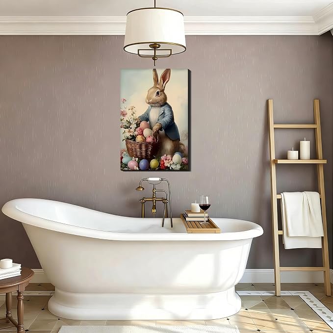 Vintage Easter Rabbit Eggs Canvas Art 12x18, Colorful Cozy Spring Bunny Pictures Wall Art, Perfect for Easter Bathroom Bedroom, Living Room Holiday Wall Decorations