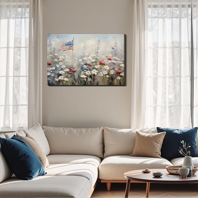 Framed American Flag Wildflower Wall Art, Patriotic Floral Canvas Art Pictures, USA Flag Wall Decor for Living Room Bedroom Office, Ready to Hang Made in USA