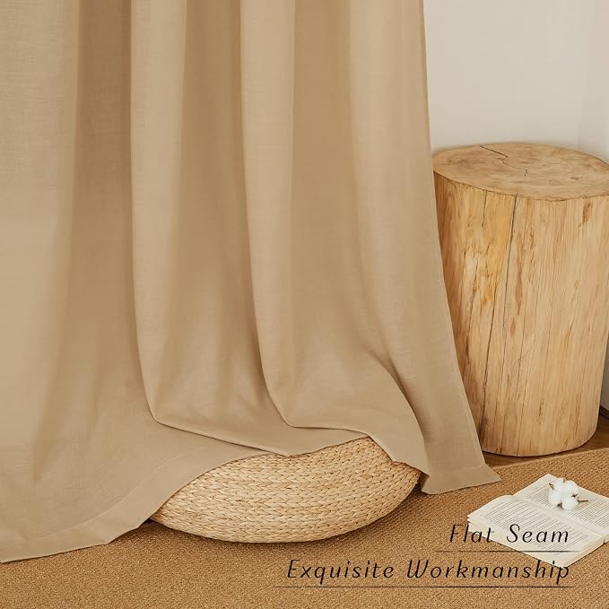 NICETOWN Linen Blend Living Room Curtains 84 inch Long 2 Panels Set, Rod Pocket & Back Tab Privacy Added Thick Flax Semi Sheer Window Curtains & Drapes for Bedroom/Farmhouse, Burlap, W55 x L84