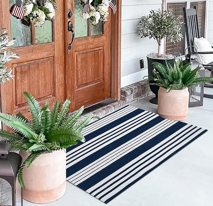 Blue and White Layered Doormat 27.5"x43.3"Cotton Door Mat Outdoor Porch Rug | Hand-Woven Washable Farmhouse Indoor/Outdoor Rug Combined With Hello Welcome Mat