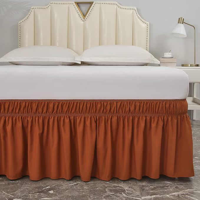 MEILA Wrap Around Bed Skirt for Queen & King Beds, 16" Drop, Caramel | Three-Side Adjustable Elastic Dust Ruffle, Ruffled Polyester Fabric, Easy to Install, Fade Resistant & Machine Washable