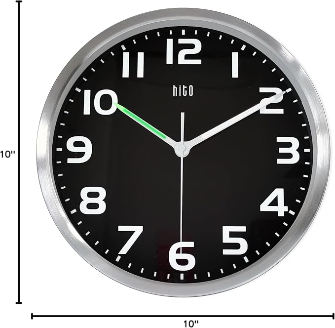 HITO 10 Inch Night Light Wall Clock Battery Operated Brightness Adjustable, Silver Aluminum Frame, Glass Cover(Hands + Numbers Illuminate)