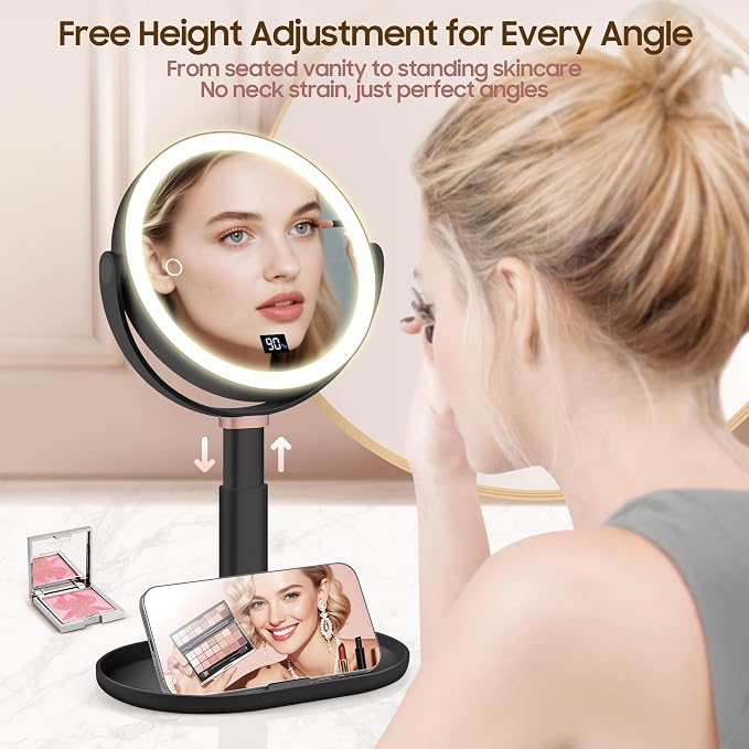 GOMIPURU Makeup Magnifying Mirror with Light 30X/1X, Digital Display, 2-Sided Touch Control, Makeup Mirror with 3 Color Lights,360° Rotate, Height Adjustable Lighted Magnifying Mirrors for Desk Travel