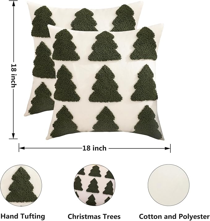 Christmas Throw Pillow Covers 18x18 Set of 2 Dark Green Xmas Tree
