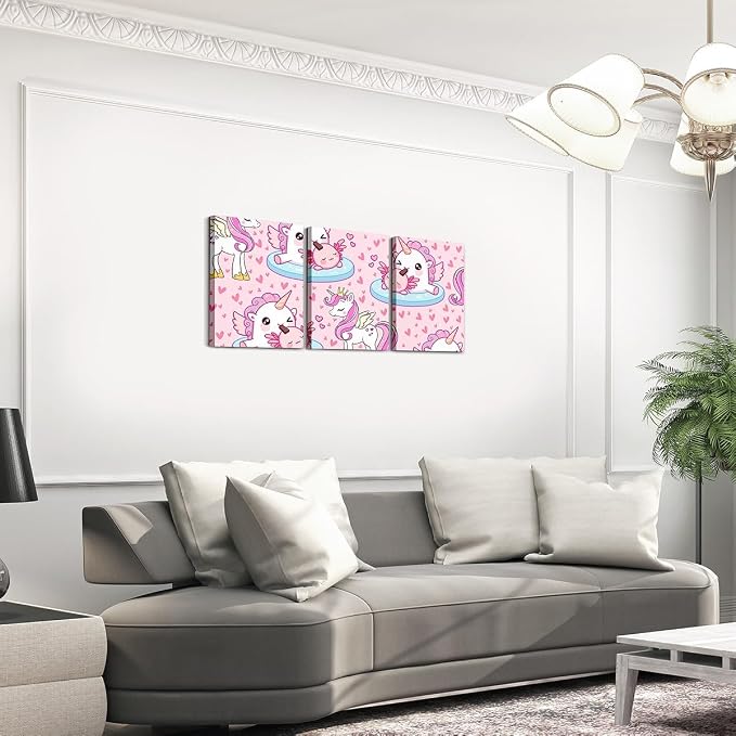 Feelyou Kids Unicorn Wall Painting Posters and Prints Cute Axolotl Picture Wall Decor Kawaii Animal Canvas Wall Art for Living Room Bedroom Boys Girls Rainbow Teens Bathroom Wall Art 12"x16"x 3Pcs